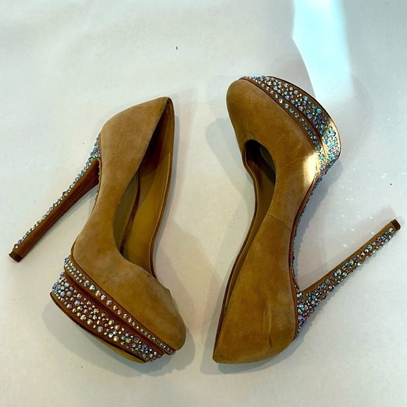 Brian Atwood Beige Suede Platform Stilettos Crystals Heels Shoes Size 7 women’s - Picture 1 of 13